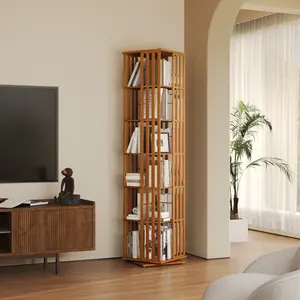 YOWOS 360° Rotating Bookshelf Tower 6-Tier Aesthetic Spinning Bookcase for Book Lovers, Space-Saving Bamboo Library for Small Spaces & Reading Nooks (Meridian Series)