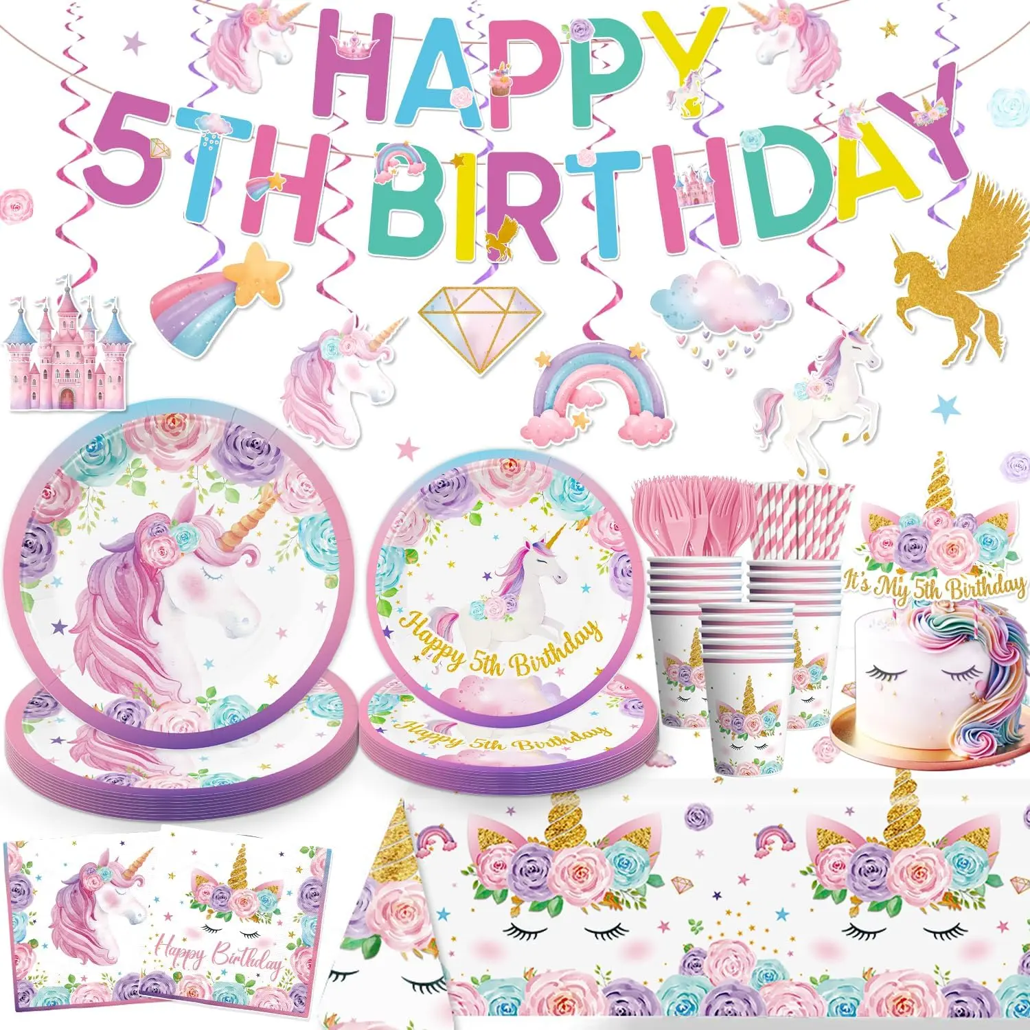 Magical 162-Piece Unicorn Theme 5th Birthday Decorations Set for Female Kids - Disposable Party Kit with Plates, Napkins, Banner, Swirls, Tablecloth, Cake Topper - Fits 25 Guests, Festive Home Supplies Gift, 162 Pieces