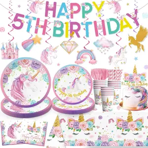Unicorn 5th Birthday Decorations Set for Girl - 162-Piece Party Kit with Plates Napkins Banner Swirls Tablecloth & Cake Topper - Perfect for 25 Guests