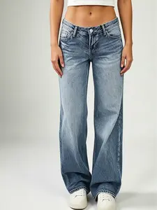 Women's Retro Y2K Wide-Leg Denim Pants - Womenswear Bottoms, Casual Loose Boyfriend Style with Pockets, Bottom
