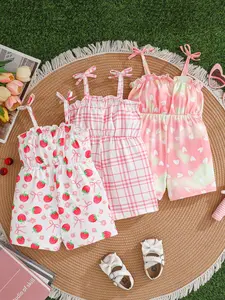 Three-Piece Baby Girl Romper Set, Baby Girl Clothes, Tie-Dye Heart Grid Strawberry Pattern, Perfect for Summer and Valentine's Day, Daily Wear