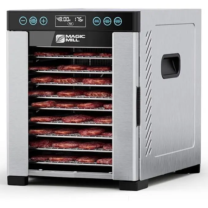 Magic Mill Pro Food Dehydrator Machine | 10 Stainless Steel Trays | Dryer for Jerky, Dog Treats, Herb, Meat, Beef, Fruit | Keep Warm Function, Digital Timer and Temperature Control, ETL Approved MODEL MFD-1098