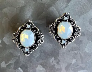 PAIR of Stunning Oval Opalite Stone Filigree Double Flare Steel Tunnels/Plugs - Gauges 2g (6mm) thru 5/8" (16mm)