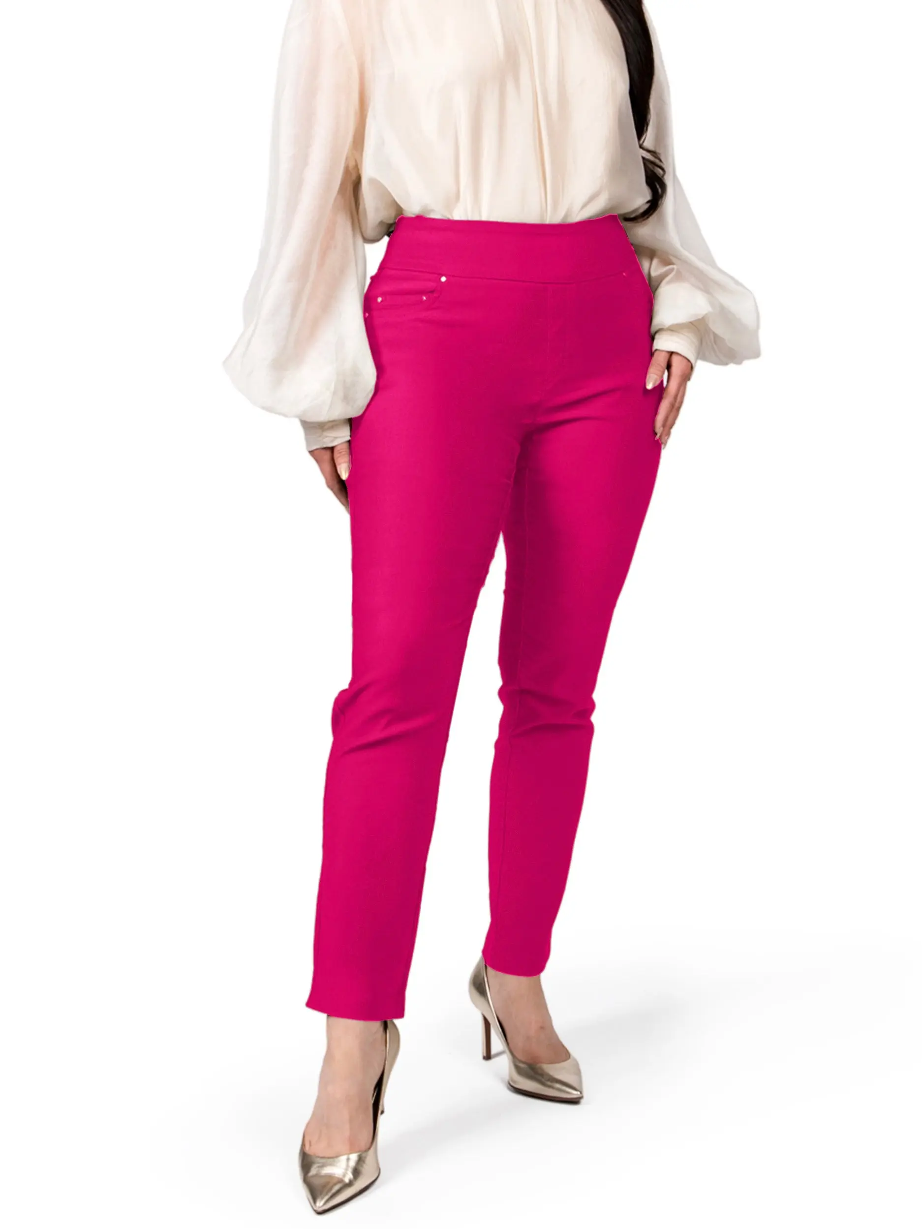Petite Size Yoga Dress Pants – Stretchy Straight-Leg Work Pants with 5 Pockets, Slim Fit Office Casual Slacks