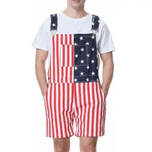 Odefou American Flag Overalls 4th of July Men Women USA Stretch Denim Bib Shorts Family Outfits