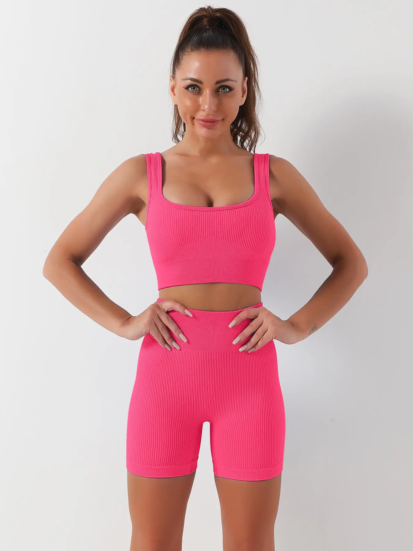 Women's Minimalist Solid Color Bra & High Waist Boxer Briefs Set, Breathable Comfortable Sqaure Neck Wireless Ribbed Lingerie Top & Biker Shorts for D