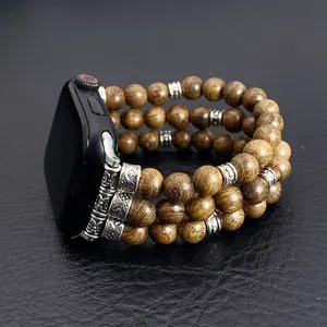 Suitable for Apple Watch iWatch, Buddhist bead bracelet watch strap, gold-threaded sandalwood bead bracelet watch strap