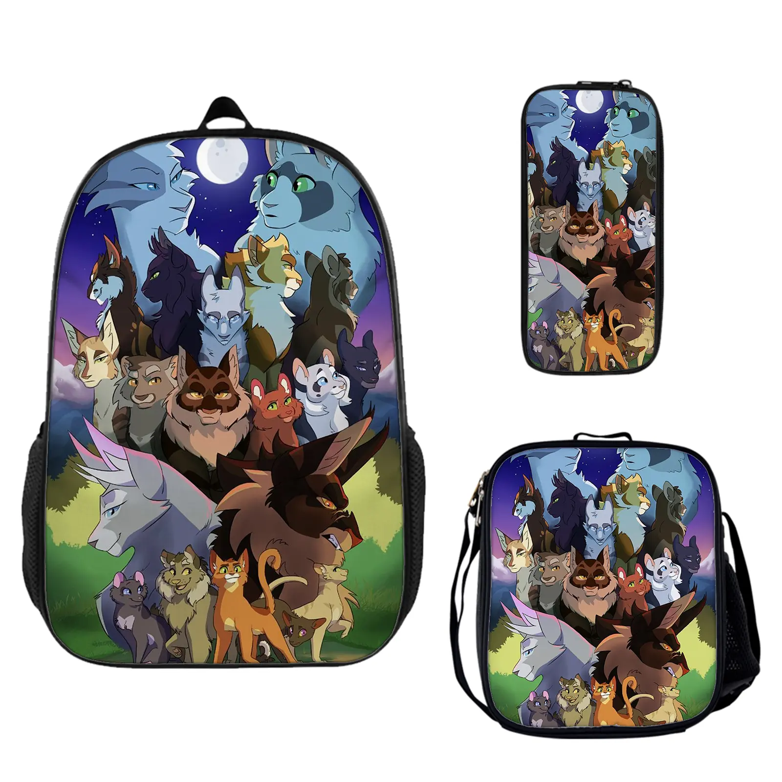 Warrior Cats Cartoon 3-Piece Large Capacity Backpack Set - Adjustable Padded Straps, Insulated Lunch Box, Pencil Pouch for Teen Fans, Vibrant Holiday School Bookbag, Lightweight Camping Travel Daypack Gift c-291, Zipper, Graphic, High-Definition Prints, A