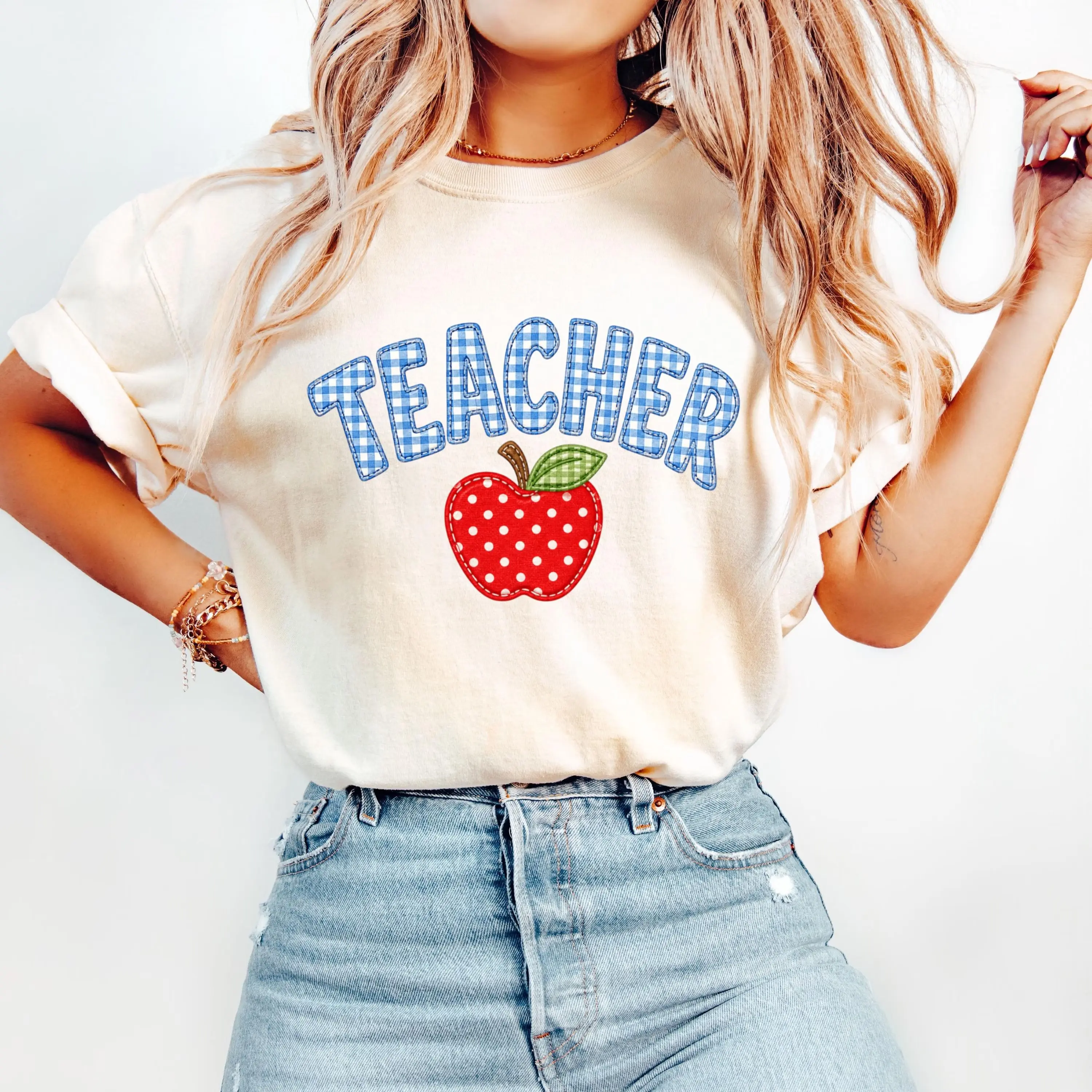 Checkered Teacher Apple Comfort Colors T-shirt, Faux Patchwork Teacher Shirt, First Day Of School Shirt, Teacher Gift