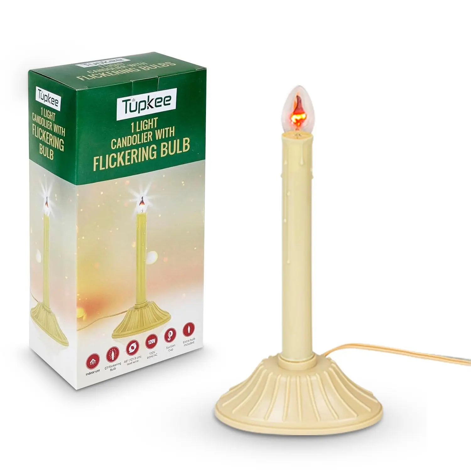 Tupkee Christmas Window Candolier with Flickering Bulbs – Electric Flameless Holiday Window Candle – Indoor Decoration – Vintage Gold Base