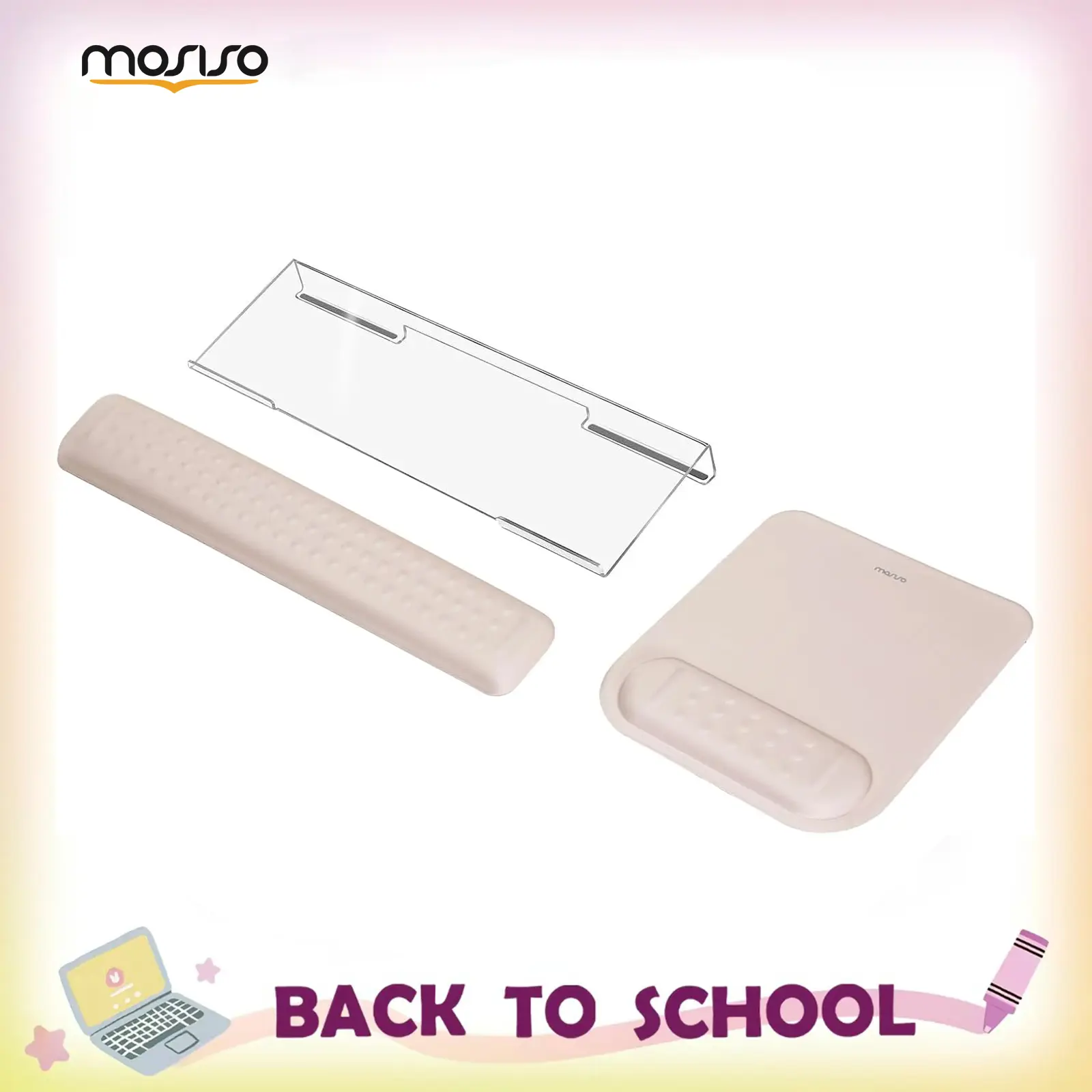 MOSISO Computer Keyboard Stand&Wrist Rest Support for Keyboard &Mouse Pad Set, Ergonomic Massage Wrist Rest Set, Easy Typing Working Acrylic Clear Stand for Office Home, Apricot