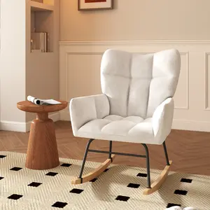 Rocking Chair Nursery, High Back Rocker with Thick Foam Cushions, Heavy Duty Anti-Tip Frame, Plush Fabric; White Pink Grey or Green