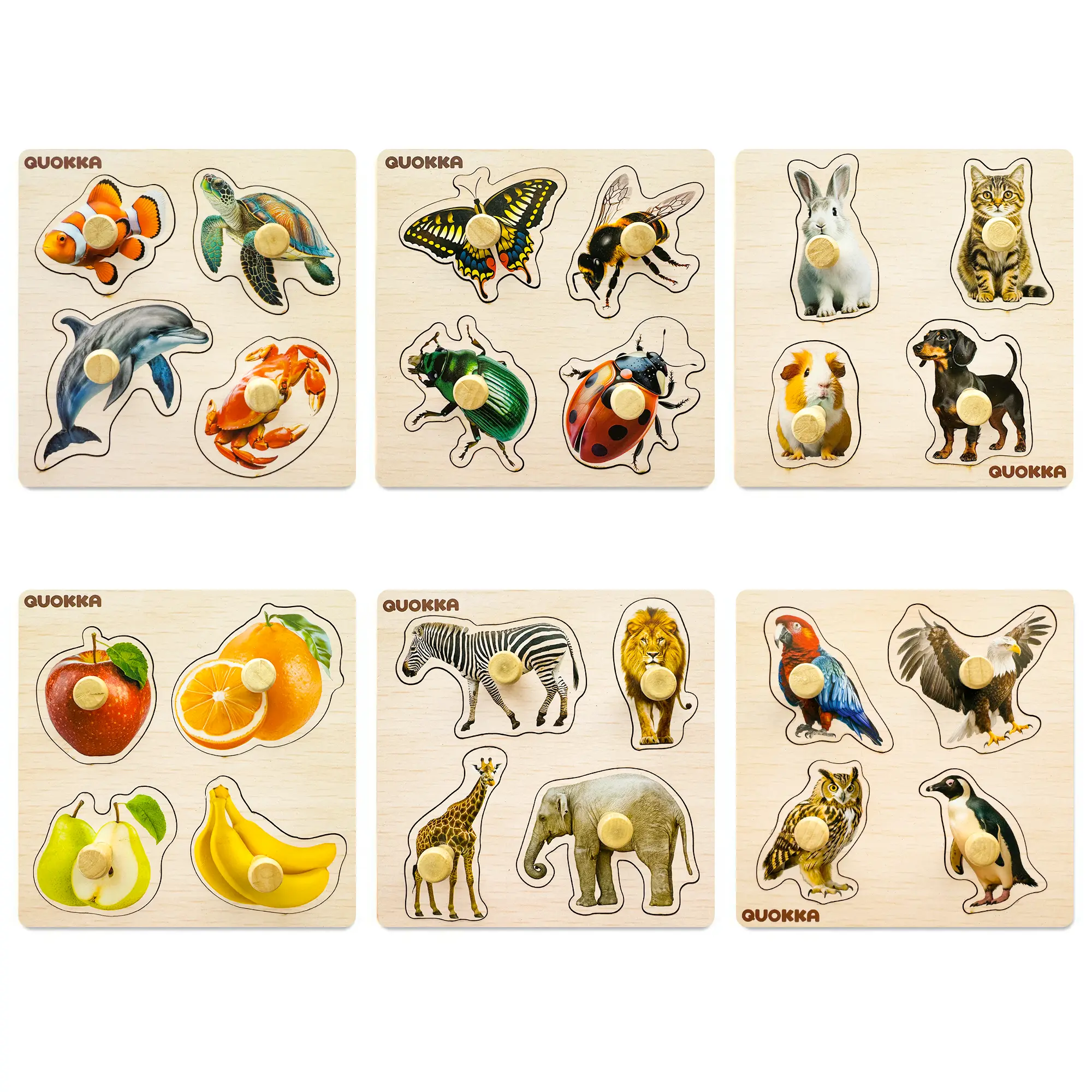 QUOKKA 6-Set Real Wood Peg Jigsaw Puzzles for 1-3 Year Old Beginner Toddlers - Waterproof, 5.9x5.9 In, Animal, Fruit, Insect Shapes