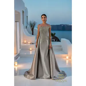 TERANI 261E6254 Dress Illusion Neck Stretch Mikado Column Gown with Overskirt and Cap Sleeves