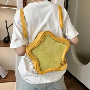 Yellow Star Backpack PU Leather Shoulder Bag Cute Teenage Girl Kawaii Women Schoolbag Knapsack Y2K Spicy Girl Travel Backpack