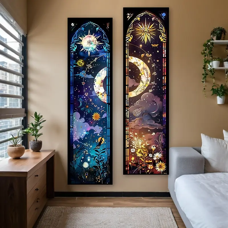 Celestial Botanical Vertical Banner Tapestry Wall Hanging Fantasy Floral Long Narrow Wall Tapestry Dark Blue Golden Aesthetic Art Tapestries, Durable Decorative Tapestry, Gifts for Home Decor Enthusiasts Polyester Stitched Edges Home Decor