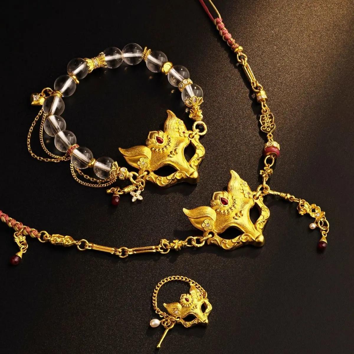 Golden Fox Bracelet, Gift Necklace and Ring Set for Girls, Ethnic Style, Glass Bead Bracelet, White Gold, cosplay men party gift wear daily
