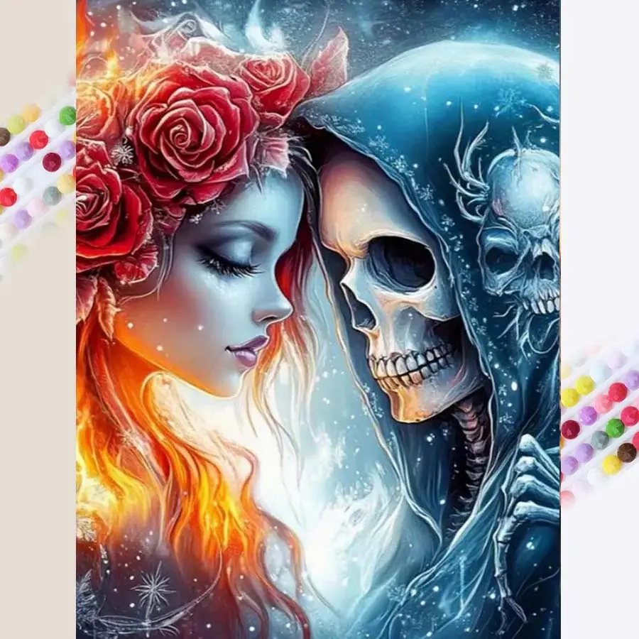 1 set of DIY diamond painting kit, 5D diamond art kit, DIY decoration red rose, flame, skull. Diamond painting kit with full round diamonds, mosaic, diamond art, DIY art home decoration, suitable for Christmas, Handicraft