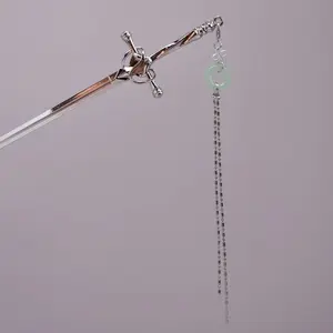 BLING EMPIRE Women's Celestial Jade Ring Sword Hairpin - Silver Sword Pin with 20cm Long Chains, Ancient Charm Twisted Handle Design for Daily Hanfu Look
