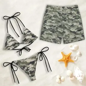 Camouflage Matching Couple Swimwear Set, Green Camo Print Bikini, Mesh Shorts, His and Hers Beach Outfit Gift for Boyfriend Girlfriend JPJ