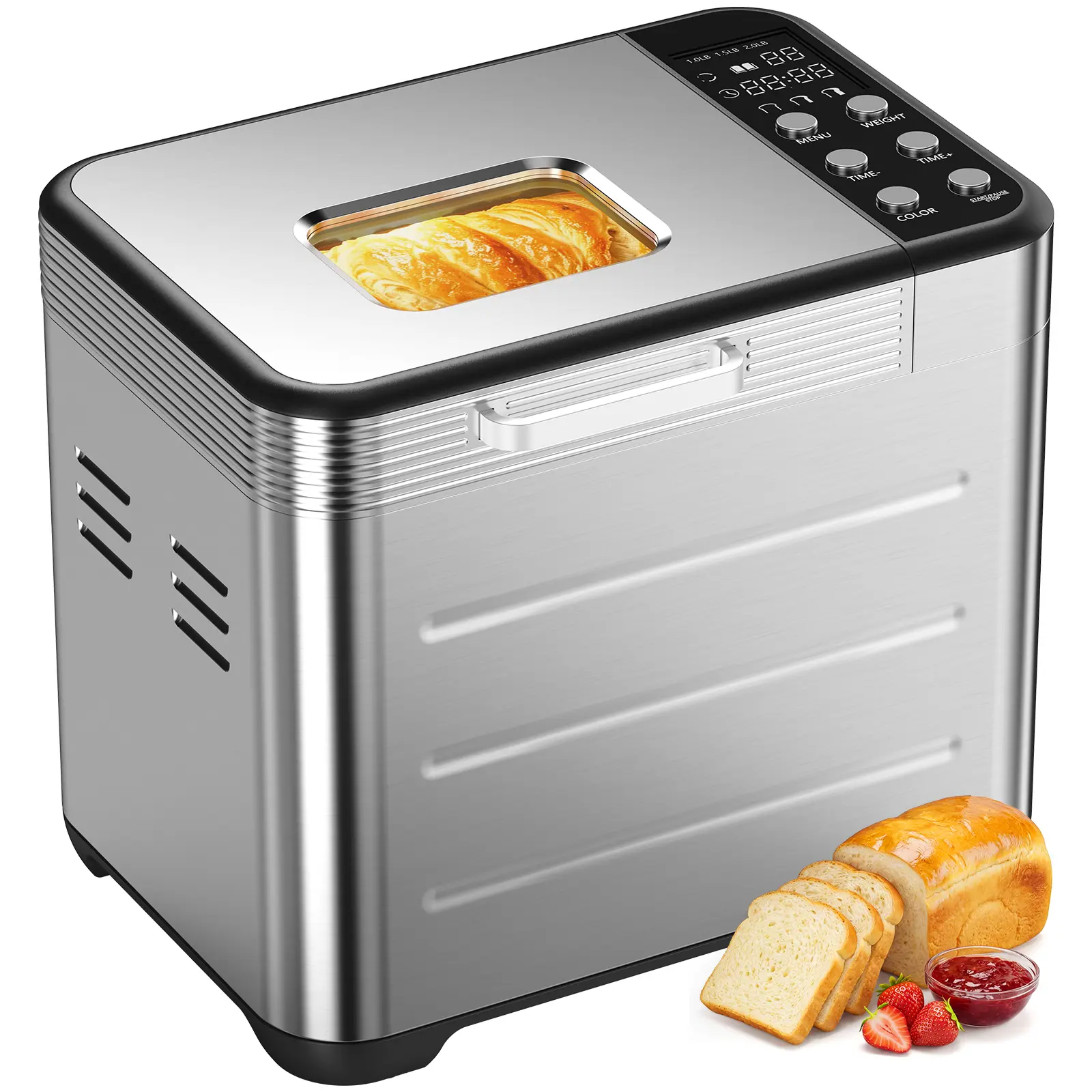Stainless Steel Automatic Bread Maker - 3 Loaf Sizes, 3 Crust Options, Digital Machine with Delay Timer & 360° Circulation Baking for Home Use
