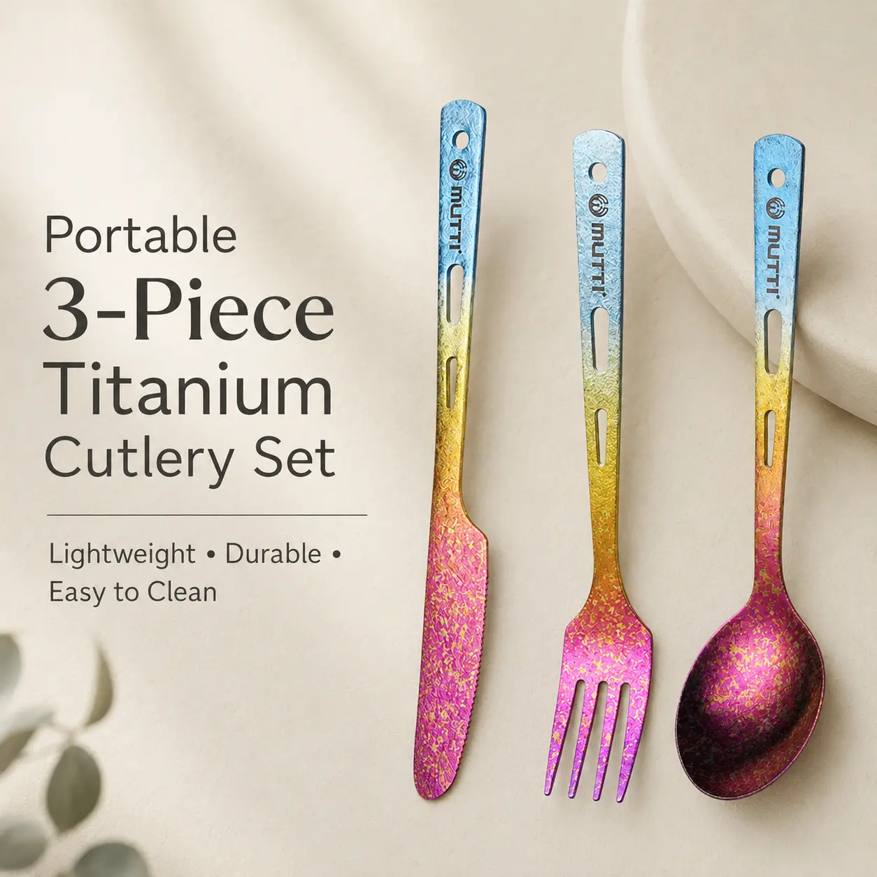 Unisex Pure Titanium Cutlery Set - Crystallized Steak Knife, Fork, Spoon, Dessert Fork, Colored Premium Flatware for Outdoors, Hiking, Lightweight Rustproof Camp Kitchen Use