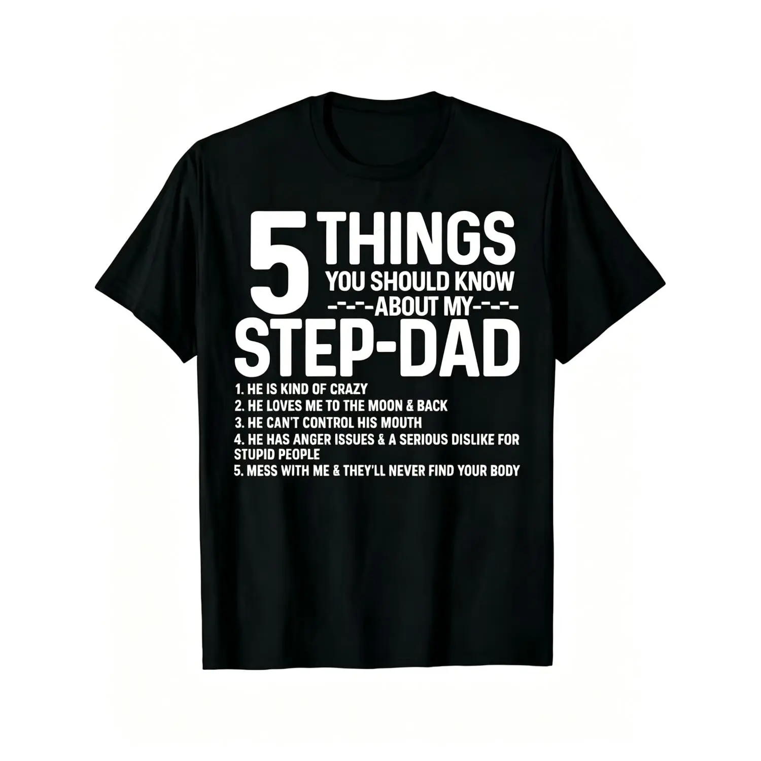 Men's Round Neck Shortsleeve Sports Top - Funny "5 Things You Should Know About My Step Dad" Print, Machine-Washable Streetwear Tshirt, Father's Day Gift for Active Casual Wear