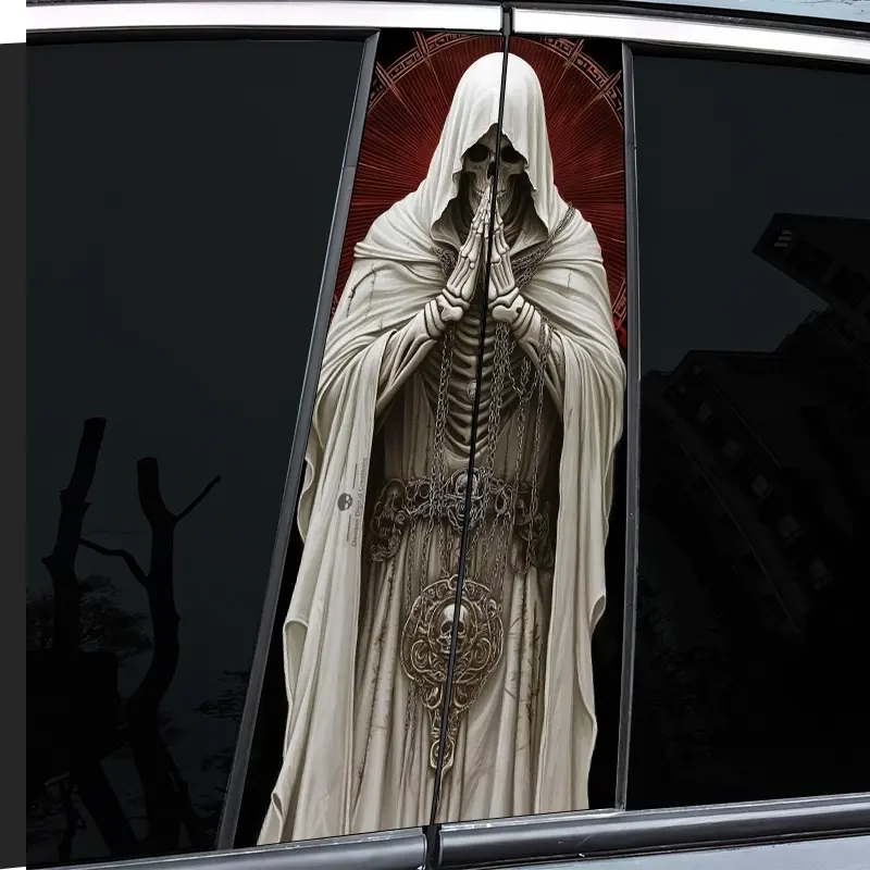 2 very good-looking and interesting car middle pillar stickers, with personal creativity, B pillar protective film, white reaper design car stickers, suitable for cars, Car Decals, Automobile Decals
