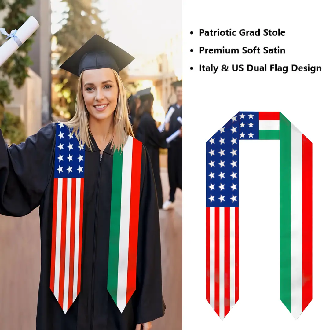 USA Italy Split Flag Graduation Stole - Italian American Heritage Grad Sash，Stole Print Sash for Study Abroad International Students Class of 2026 Silky SatinCapeShawl Set，cords for graduation
