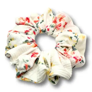 White Floral Summer Ribbed Scrunchie
