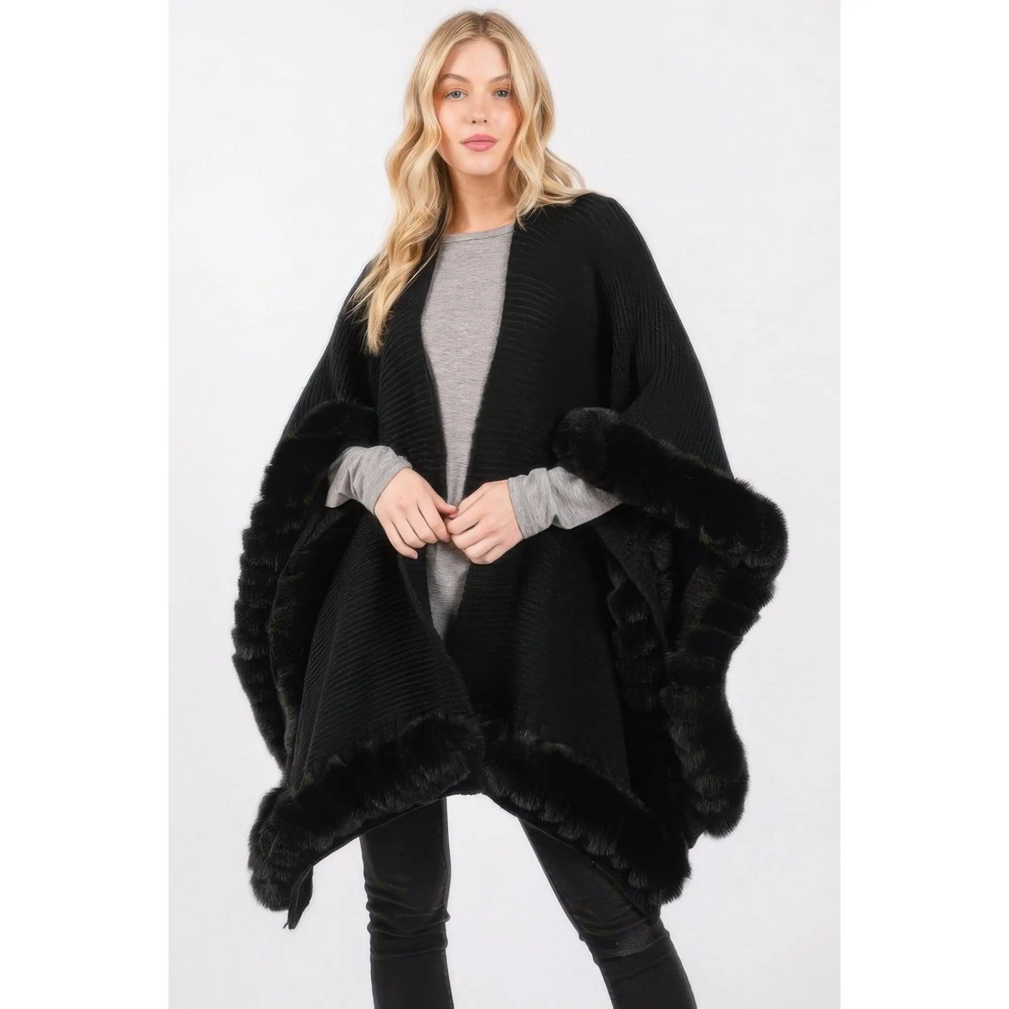 Faux Fur Trim Cape With Closure
