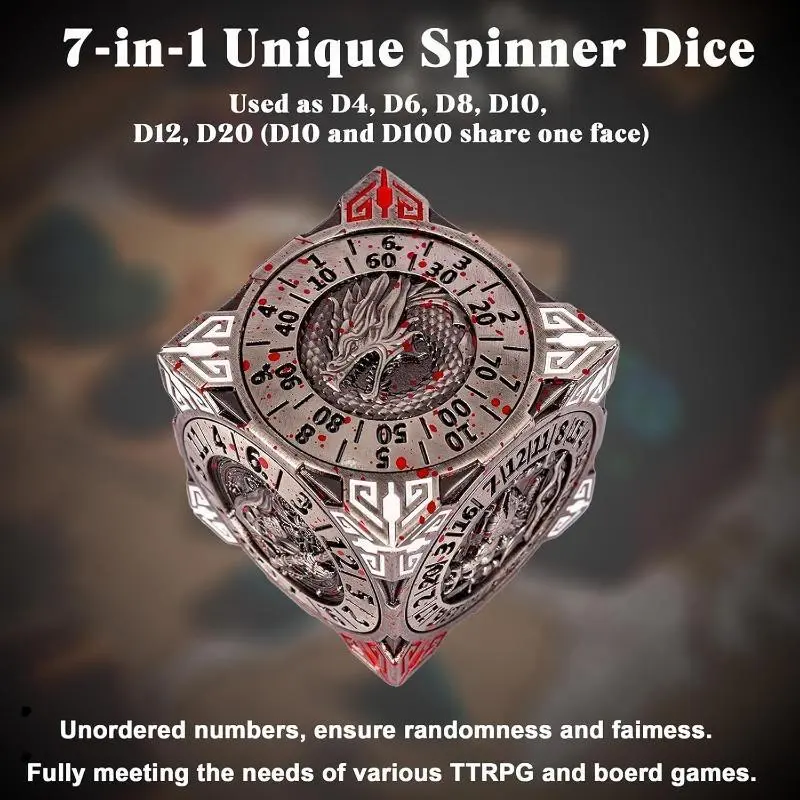 【Combo Pack】DKD 7-in-1 Metal Spinner Dice Set with Dragon Relief, All-in-One D4-D20 RPG Dice for DND, Pathfinder & Tabletop Games, Premium Fidget Dice Gift for Gamers & Dice Collectors