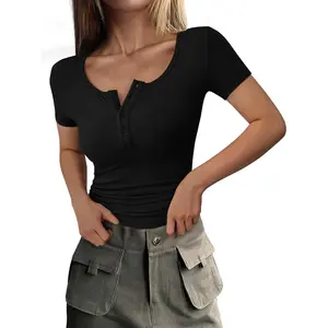 Womens 2026 Summer Short Sleeve Tops Ribbed Henley Button Slim Fit Basic Casual T Shirts Blouse Fashion ClothingGift