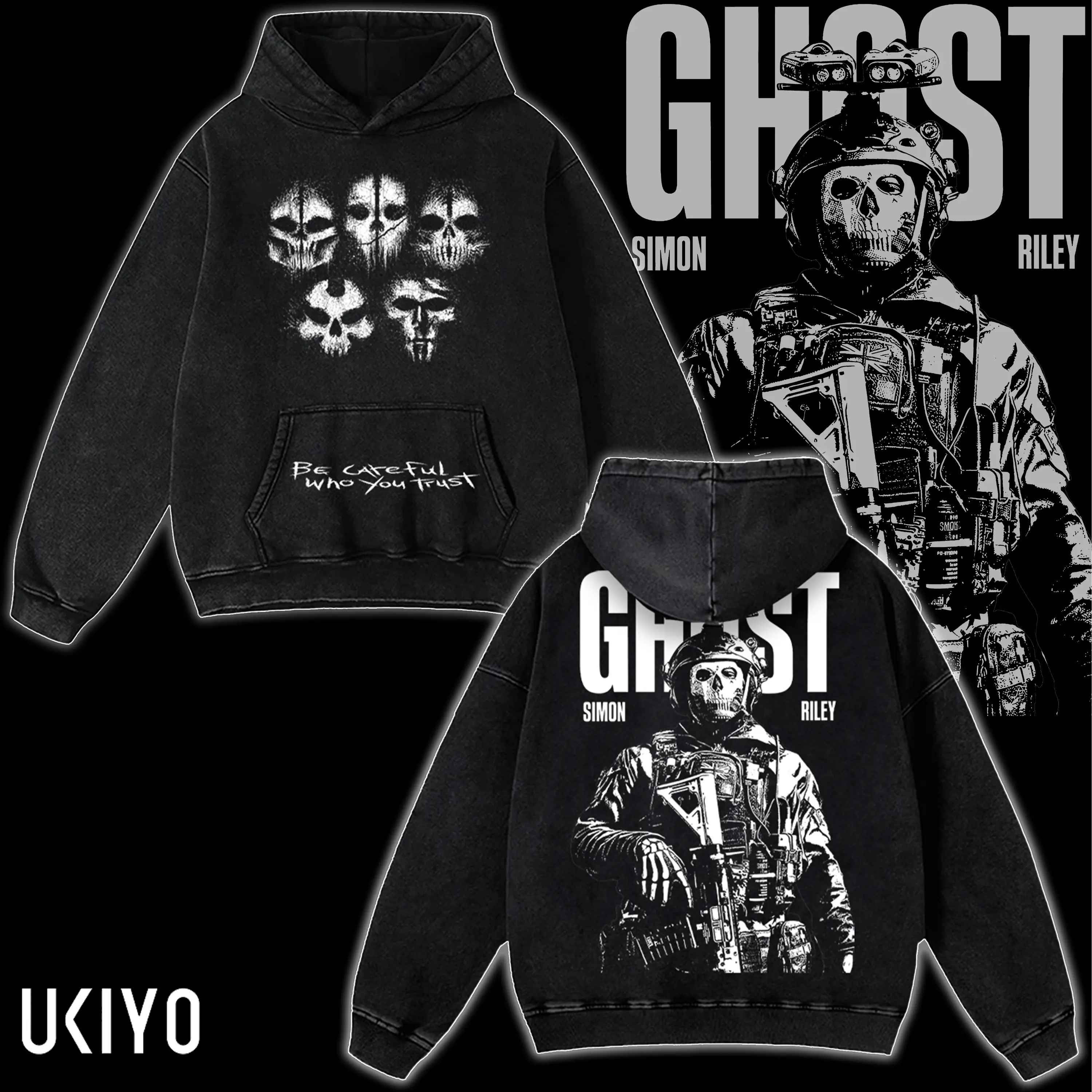 Call of Duty Simon Ghost Riley Hoodie Vintage Acid Wash Heavyweight Cotton Oversized Graphic Hooded Sweatshirt MW3 CoD Gaming Merch Pullover Men Women Unisex