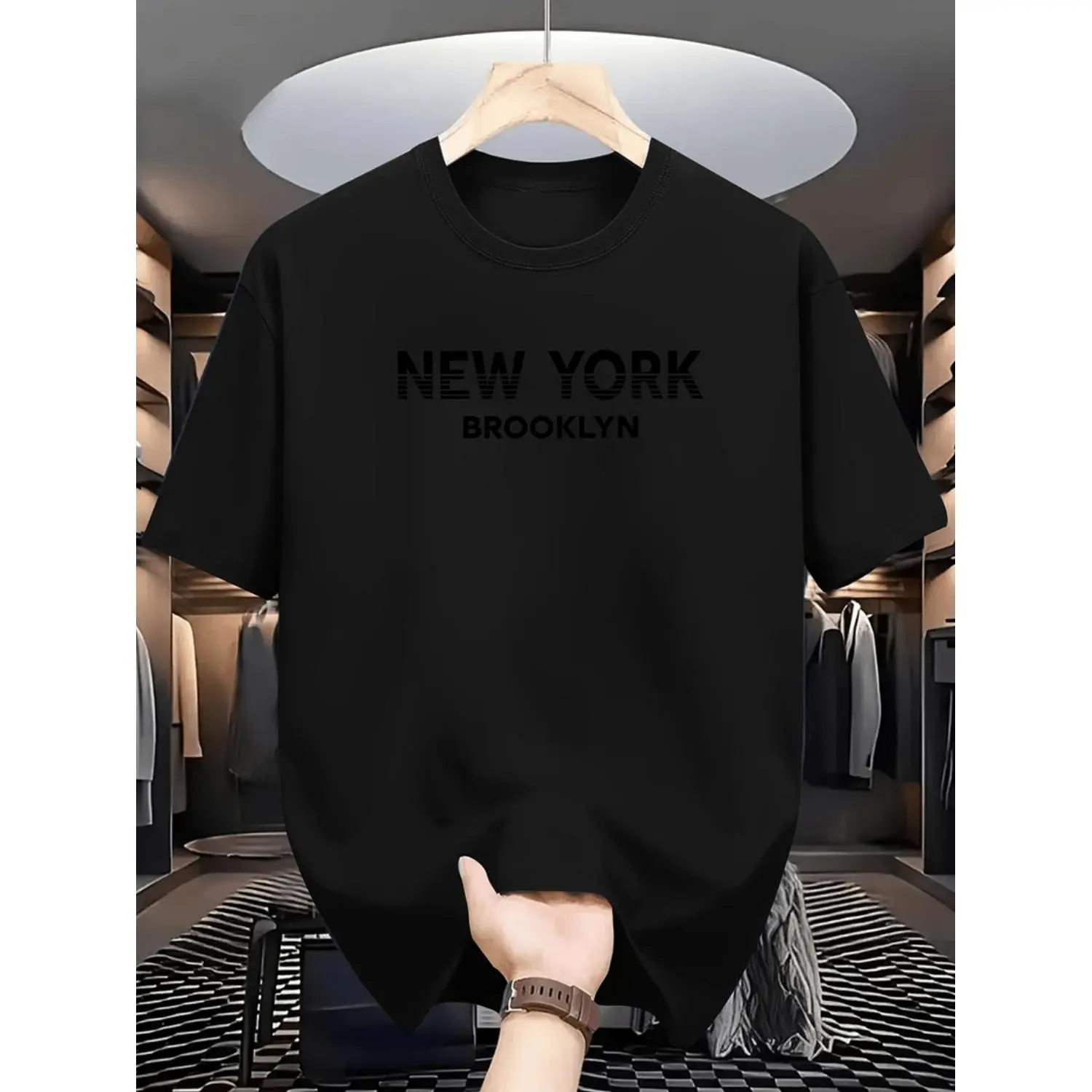 Mens Casual Short Sleeve T Shirt Featuring Brooklyn Letter Print in Black with White Text Regular Fit Round Neck Summer Top for Gym Outdoor and Casual Wear