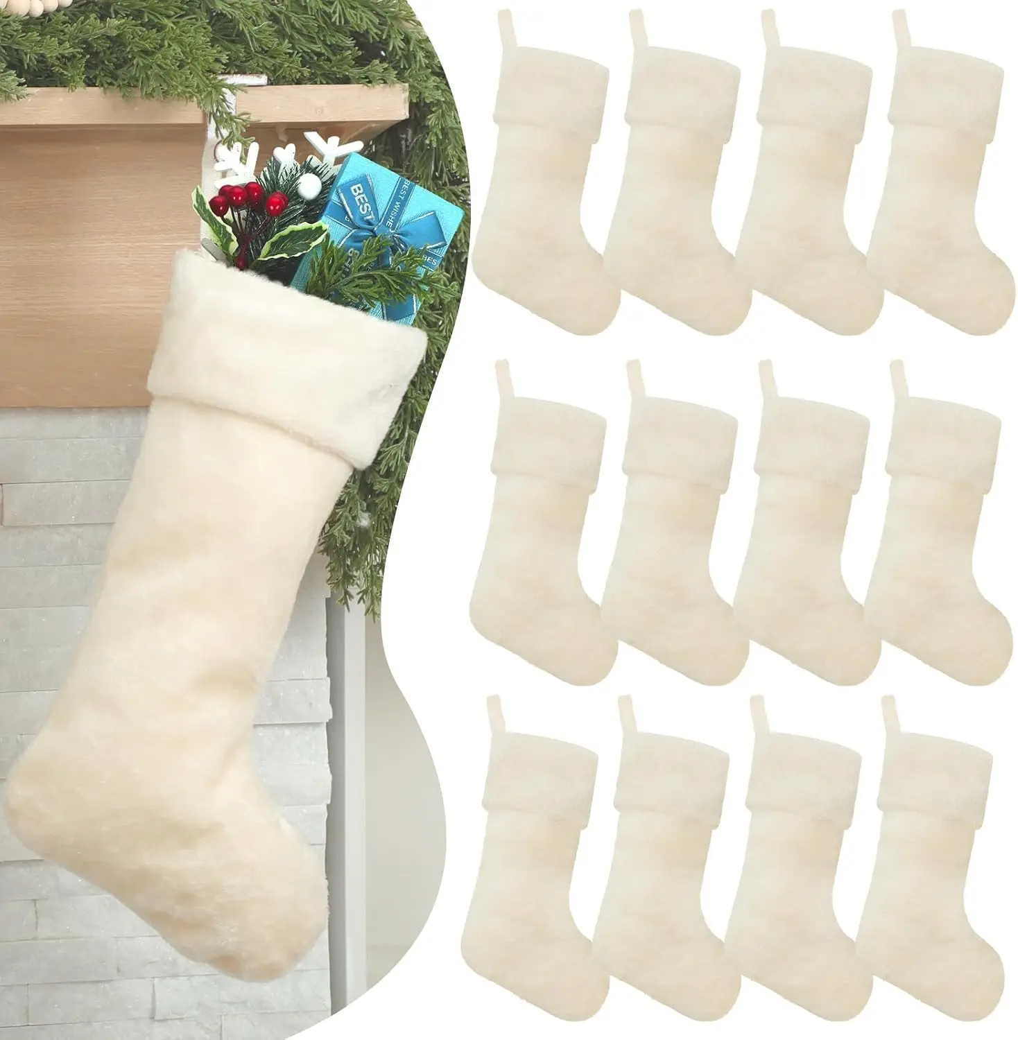 12 Pcs 18'' Bulk Thick Plush Fabric Hanging Christmas Stocking Decorations for Xmas Holiday Family Party Tree Fireplace Classic Ornaments Beige