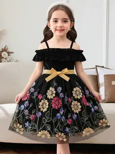 Girls' Korean Velvet One-Shoulder Spaghetti Strap Dress with Embroidered Flowers, Belted, Casual Spring Summer Party