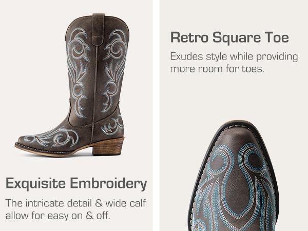 DREAM PAIRS Women's Cowboy Boots Mid Calf Cowgirl Boots Square Toe Chunky Heel Embroidery Stitched Western Boots