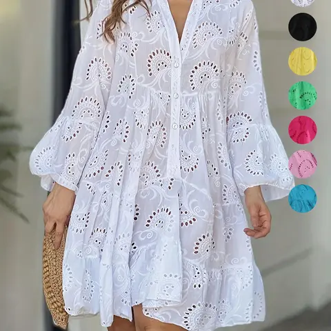 Women's Plain Eyelet Embroidery Notched Neck Long Sleeve Smock Dress, Elegant Chic Flounce Sleeve Button Dress for Vacation Holiday Summer, Women's Clothes for All Seasons, Casual Wear