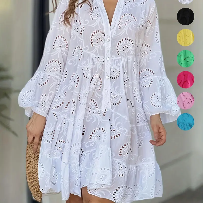 Women's Plain Eyelet Embroidery Notched Neck Long Sleeve Smock Dress, Elegant Chic Flounce Sleeve Button Dress for Vacation Holiday Summer, Women's Clothes for All Seasons, Casual Wear