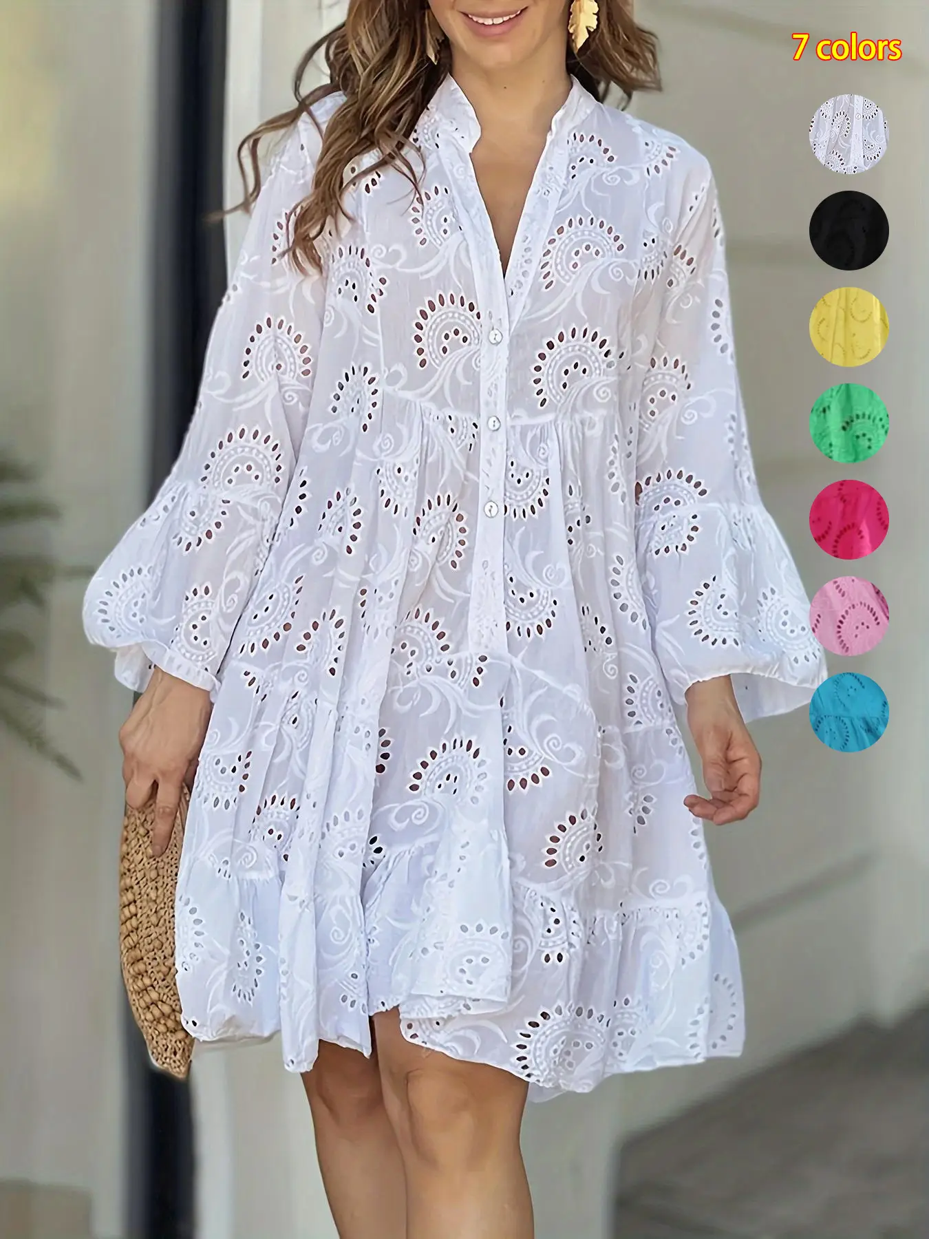 Plain Eyelet Embroidery Notched Neck Smock Dress, Elegant Flounce Sleeve Button Dress for Vacation Holiday, Women's Clothes for All Seasons