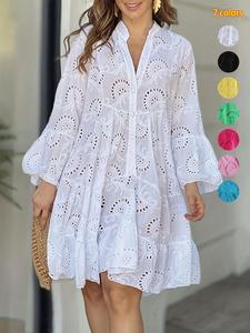 eyelet embroidery notched neck long sleeve smock dress, casual elegant flounce sleeve button front short dress for vacation holiday, embroidered dress, dress for all seasons, holiday dresses, womenswear, women's summer dresses, classy modest dresses