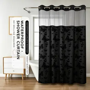 Black Hook-Free Double-Layer Butterfly Flocked Shower Curtain with Mesh Top Window | No-Drill Installation | Easy Setup for Airbnb, Hotel & Modern Home Décor | 71 × 74 in