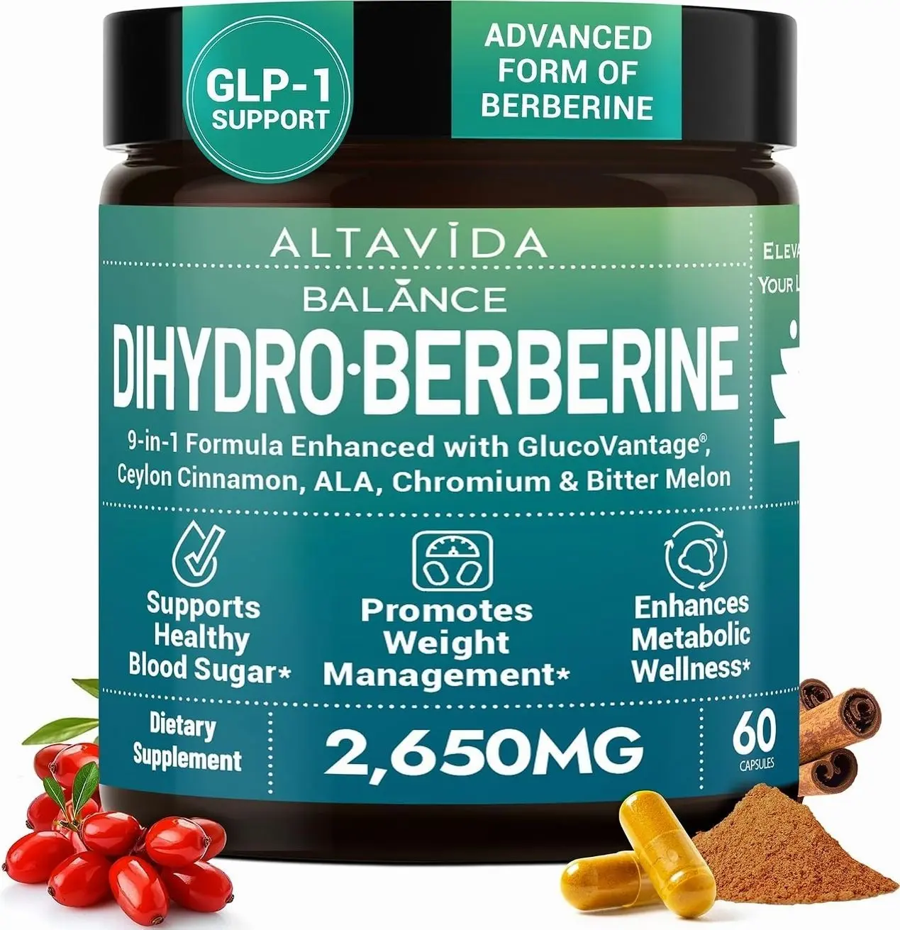 Dihydroberberine Super Berberine Supplement with Ceylon Cinnamon and Alpha Lipoic Acid - GlucoVantage 250mg - 5x Enhanced Bioavailability Over Berberine HCL - Metabolic & Wellness Support - 60 Caps