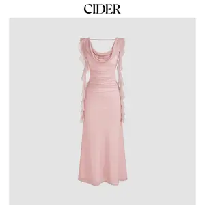 Cider Cowl Neck Solid Ruffle Hem Ruched Maxi Dress