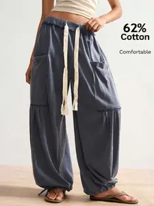 Women's Casual Loose Solid Color Harem Pants - Drawstring Pocket Summer Casual Trousers Suitable For Winter, New Year, Boho, Independence Day, Vacation