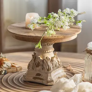 American Style Solid Wood Round Base Floral Vase, Carved Craft Decorative Piece, Teapot Fish Tank Stand, Natural Wooden Tray