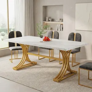63 Inch Rectangular Dining Table Seats 4-6 People, Modern Kitchen Dinner Table With Stylish Metal Trestle Legs, Large Home Dining Room Furniture, Chairs Not Included