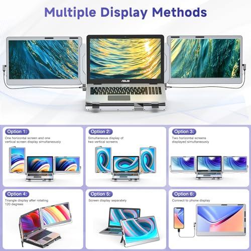 F2 Triple Portable Monitor Extender Aluminum Alloy Dual 14'' Display Multi-angle FHD 1080P IPS Type-C/Mini HDMI Laptop Screen Extender Working with Surface Compatible with Windows/MAC/Chrome/Linux