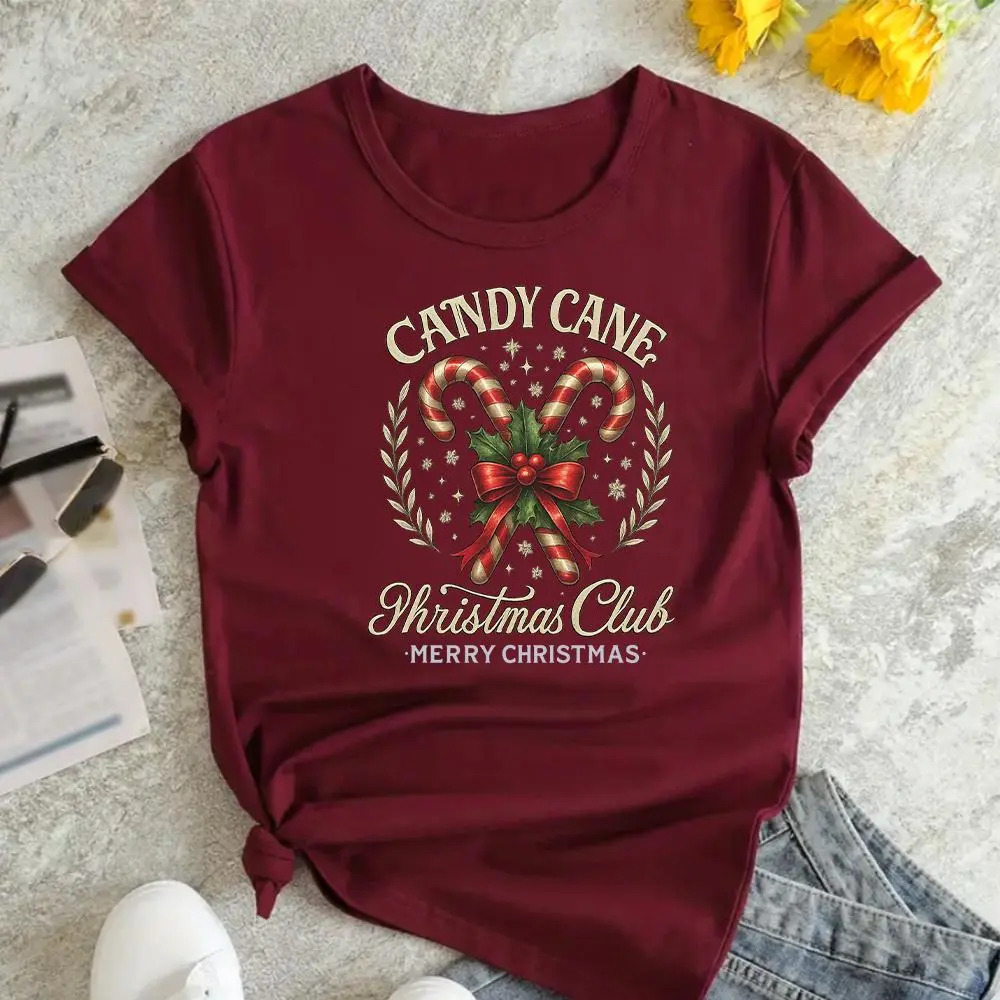 Women's Christmas T-Shirt, Casual Candy Cane Print Short Sleeve Crew Neck Top, Soft Fitted Fabric for Everyday Style, Shortsleeve, Streetwear, Round Neck